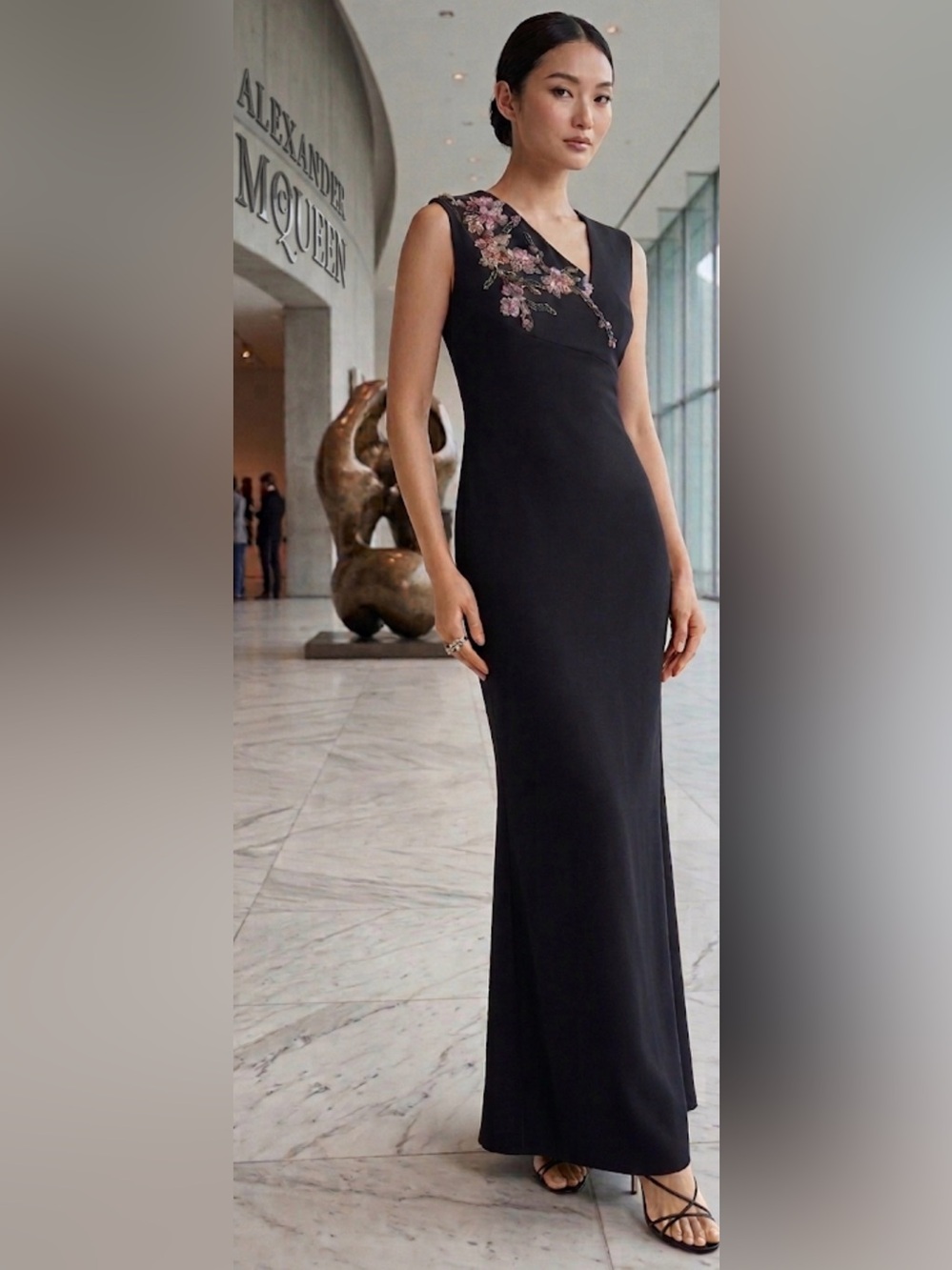 ALEXANDER MCQUEEN CHERRY BLOSSOM ASYMMETRIC NECK GOWN SIZE 40EU/8US
